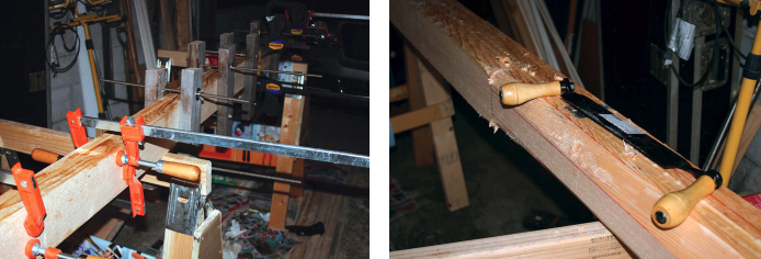 The bowsprit began life as three Sitka spruce boards. After gluing them together with West System epoxy, at left. Michael began the shaping process using a draw knife, at right, but soon gave that up in favor of an electric hand planer, which, he says, worked marvelously.