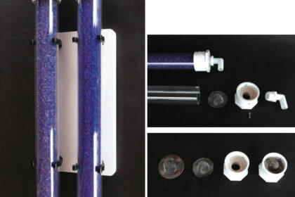 Gary’s vent dryers, clipped to their backing board, are ready to be installed, facing page. Each end cap is made up of a PVC adapter, a screen, and a nylon barb fitting, at top. Gary trimmed the screens to fit inside the adapters, above.