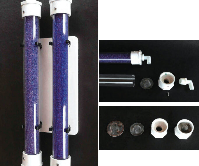 Gary’s vent dryers, clipped to their backing board, are ready to be installed, facing page. Each end cap is made up of a PVC adapter, a screen, and a nylon barb fitting, at top. Gary trimmed the screens to fit inside the adapters, above.
