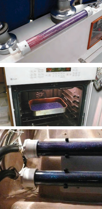 After a season of use, the silica gel beads had turned pink in the end of the dryer nearer the vent, top. Baking them in the oven turned them blue again, above. Gary’s vent dryers are fitted up under the cockpit coaming, below.