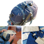 Marcie’s outboard cover has served well, at top of page. It began with paper patterns taken off the outboard’s outer casing, at left. Marcie then pinned the patterns to the Sunbrella components of the previous motor’s cover, at right, that provided sufficient material for its replacement.