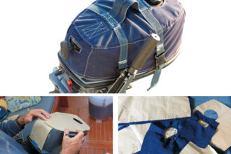 Marcie’s outboard cover has served well, at top of page. It began with paper patterns taken off the outboard’s outer casing, at left. Marcie then pinned the patterns to the Sunbrella components of the previous motor’s cover, at right, that provided sufficient material for its replacement.