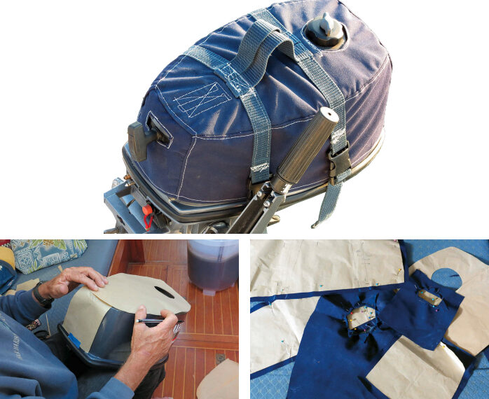 Marcie’s outboard cover has served well, at top of page. It began with paper patterns taken off the outboard’s outer casing, at left. Marcie then pinned the patterns to the Sunbrella components of the previous motor’s cover, at right, that provided sufficient material for its replacement.