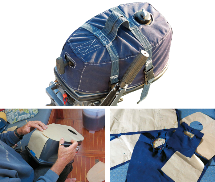 Marcie’s outboard cover has served well, at top of page. It began with paper patterns taken off the outboard’s outer casing, at left. Marcie then pinned the patterns to the Sunbrella components of the previous motor’s cover, at right, that provided sufficient material for its replacement.