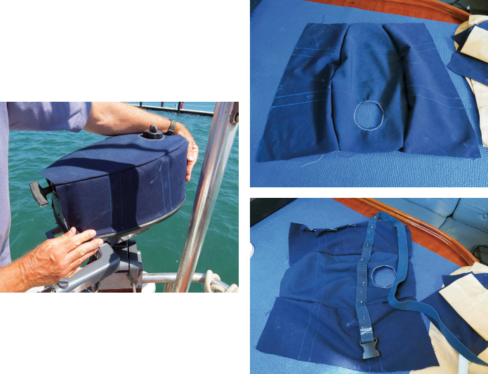 Marcie assembled the top and sides of the cover, at top. The cutout is for the fuel tank fill cap and the wax pencil lines mark where the webbing lifting straps were to be sewn to the sides and top of the cover. She and David tested the fit on the outboard, at left, before she sewed the webbing straps, with buckles already attached, to the top and sides of the cover, above.