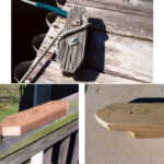 When Henry asked for inexpensive cleats on his dock he was surprised at what he got, top of page. Since that cleat looked worn after 25 or so years, he made a copy as a replacement. Two pieces of 2 x 4, shaped, at left, and secured with two bolts, at right, did the job.