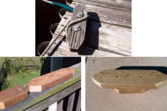 When Henry asked for inexpensive cleats on his dock he was surprised at what he got, top of page. Since that cleat looked worn after 25 or so years, he made a copy as a replacement. Two pieces of 2 x 4, shaped, at left, and secured with two bolts, at right, did the job.
