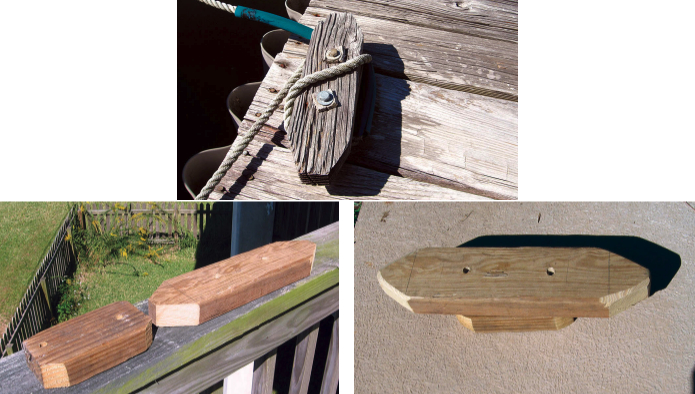 When Henry asked for inexpensive cleats on his dock he was surprised at what he got, top of page. Since that cleat looked worn after 25 or so years, he made a copy as a replacement. Two pieces of 2 x 4, shaped, at left, and secured with two bolts, at right, did the job.