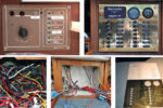 Every electrical panel has its day, and Natasha’s had seen plenty, top left. Bert’s replacement bristles with breakers and glistens, top right. The wiring behind the panel was a little mixed, at left, and in need of thinning out, center. Bert chose brass for its rigidity and good looks, at right.