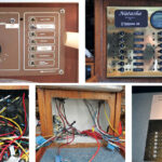 Every electrical panel has its day, and Natasha’s had seen plenty, top left. Bert’s replacement bristles with breakers and glistens, top right. The wiring behind the panel was a little mixed, at left, and in need of thinning out, center. Bert chose brass for its rigidity and good looks, at right.