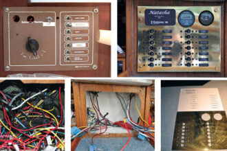 Every electrical panel has its day, and Natasha’s had seen plenty, top left. Bert’s replacement bristles with breakers and glistens, top right. The wiring behind the panel was a little mixed, at left, and in need of thinning out, center. Bert chose brass for its rigidity and good looks, at right.