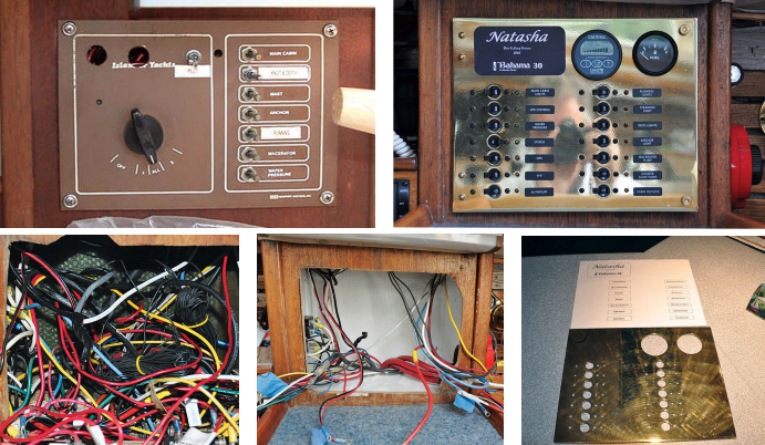Every electrical panel has its day, and Natasha’s had seen plenty, top left. Bert’s replacement bristles with breakers and glistens, top right. The wiring behind the panel was a little mixed, at left, and in need of thinning out, center. Bert chose brass for its rigidity and good looks, at right.