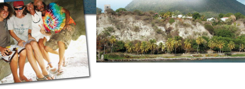 David, Garret, Connie, and Dave, pictured under a favorite rock in The Baths, hiked up The Quill, an extinct volcano on Statia, at top, while waiting for a diverted Nick to arrive.