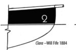 An 1890 gathering of the Lake Yacht Racing Association in Oswego, New York, at top, shows reverse stems, plumb bows, and clipper bows as exemplified by Una (1), modeled by Bob Fish in 1852; Clara (2), designed by Will Fife in 1884; and Minerva (3), designed by Will Fife in 1888.