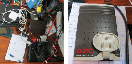 With so many gadgets and cables aboard, tangles were inevitable, near right. A cheap low-powered inverter, far right, can be an efficient way to produce AC power to charge electronic devices that require it.