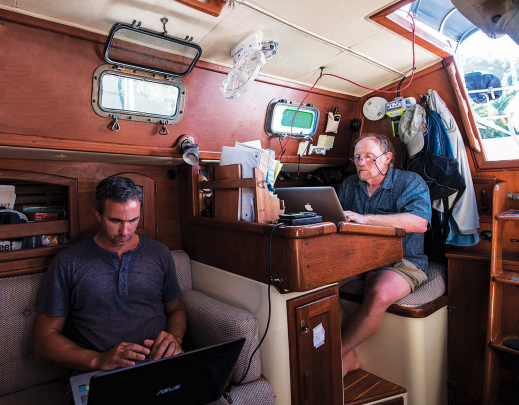 Using their laptops, Bob Steneck and George Stoyle (who joined Alaria after the long haul) are together taking up more power than all the basic boat systems.