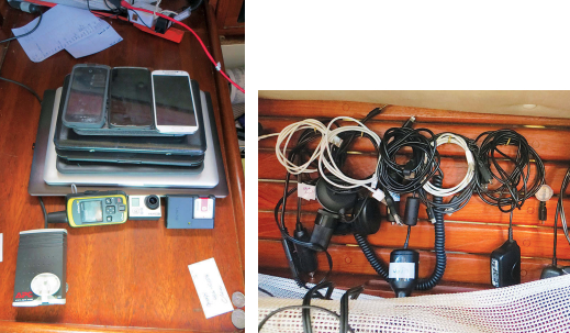The crewmembers’ laptops, iPads, smartphones, tablets, e-readers, and other devices, far left, cram a lot of function into a few small packages. Each one of them comes with a bagful of cables and accessories. Charging and data cables for the multitude of devices hang at the ready, at left.