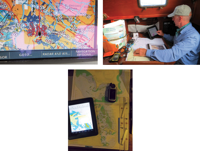 Every red triangle on the AIS display of New York Harbor is a “dangerous target,” above left. Alaria’s crew still used paper charts. Curtis used the electronic charts to track Alaria’s progress and record it on a small-scale paper chart, above right. When planning approaches to narrow channels in coral reefs, the crew compared all the charts they had available, at left.