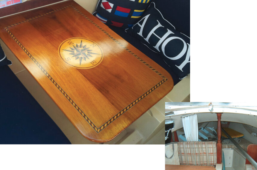 Surrounded by colorful props and reupholstered cushions, the inlaid table makes a bold impression, at left. The boat’s interior is hardly recognizable from its former state, below.