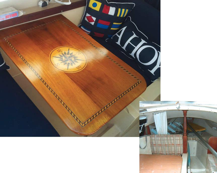 Surrounded by colorful props and reupholstered cushions, the inlaid table makes a bold impression, at left. The boat’s interior is hardly recognizable from its former state, below.
