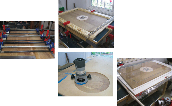 The tabletop is made from three Iroko boards planed, jointed, and glued together, far left. For routing the recess for the rope inlay, Jim Mattavi built a jig around the tabletop, at left. To cut the recess for the compass rose inlay, he began cutting from the center of a circular template, below left. A vacuum bag ensured the compass rose inlay was glued down firmly, below.