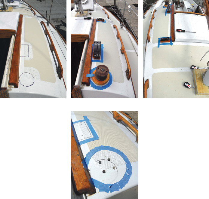 Measure twice and cut once isn’t enough for Steve. After marking where he thought the organizer, clutches, and winch should be fitted, at left, he finished other projects before making a final check, at center and at right, before finally drilling holes in the cabintop, below.