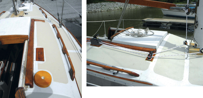 All the deck woodwork received several coats of varnish while Steve worried about drilling holes, at left. Installed at last, above, the organizer and clutches handle the halyards for the mainsail and jib. Note the boom and gooseneck.