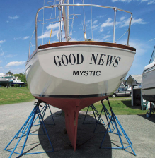 The name and home port on the transom are stick-on graphics, above, done quickly to get John through his first season with the boat until he could get them painted on. That was 22 years ago! Wax has kept them looking good.