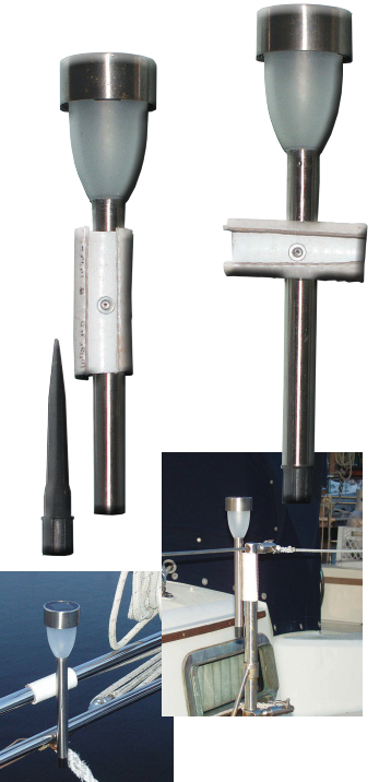 Flexible rubber sanitation hose is just stiff enough to hold solar yard lights onto pulpits and stanchions. Attached to the “hose clamp” with just one fastener, the light can be rotated to vertical no matter where it's placed.