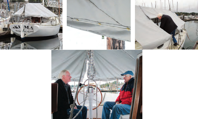 The opening in the after end of the enclosure is there to reduce pressure buildup in strong winds, at left. Richard and Terry settled on a lashing system, center, where a line passes through grommets and around the lifeline, but it’s a work in progress. A“door” built into the cover allows easy ingress and egress, at right. Richard now has a sheltered cockpit with full headroom, below, where he can work or entertain his marina mates, David Ladd, left, and Jerry Riggs, right.