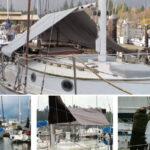 Richard’s new tarp, top of page, is more handsome than hardware-store blue tarps, at left, and more substantial than many over-the-boom covers that are often too short or hung too high, center. To get a proper fit at the difficult aft end, Terry McDonald made patterns of thin plastic sheet, at right.