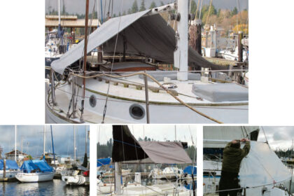 Richard’s new tarp, top of page, is more handsome than hardware-store blue tarps, at left, and more substantial than many over-the-boom covers that are often too short or hung too high, center. To get a proper fit at the difficult aft end, Terry McDonald made patterns of thin plastic sheet, at right.