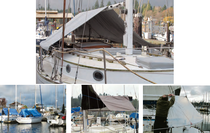 Richard’s new tarp, top of page, is more handsome than hardware-store blue tarps, at left, and more substantial than many over-the-boom covers that are often too short or hung too high, center. To get a proper fit at the difficult aft end, Terry McDonald made patterns of thin plastic sheet, at right.