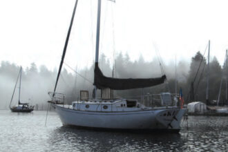 Picture of a boat in a foggy bay