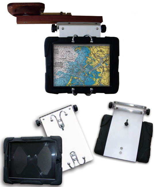When Gary started using navigation apps on his iPad, he modified the swing-out arm he already had, at top, to hold a protective case for it, at left and above. Robe hooks mounted on a StarBoard panel secure the case.