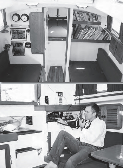 Over the years, James adapted Atom’scabin and equipment, above, to suit his needs for his voyages. For his second circumnavigation, he installed a single-sideband radio, below.