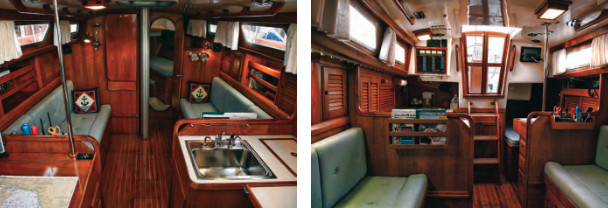 Bristol Yachts finished the interior of the 35.5 in teak and did not stint on cabinetry. Note that the centerboard trunk is entirely beneath the cabin sole, at left. Fixed portlights and the Browns’ custom companionway let in plenty of light, at right.