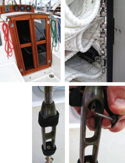 The Browns made a host of improvements to Adena’s exterior and rig including new companionway doors and running rigging, at left above, and a new mainsail with a full-batten system, at right above. They also followed a tip from Good Old Boat, March 2010, for turnbuckle locks, at right.