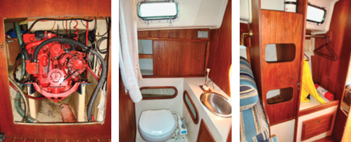 Removing the companionway ladder and galley panel provides reasonable access to the front of the engine, at left. Access to the sides is gained through removable panels in the seat lockers. The head, center, is attractively finished with teak veneered plywood bulkheads and cabinet trim. Opposite the head, at right, is a short hanging locker, with an opening port above it and stowage bins beside and beneath it.