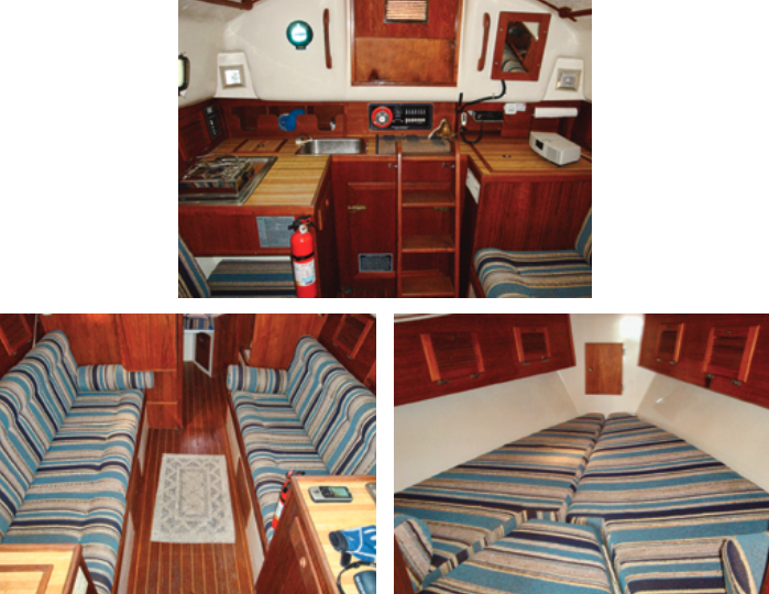 The cushions on the saloon settees are nicely rolled and pleated, at left, and the starboard settee extends beneath the galley to provide additional foot room. The table folds down from the bulkhead. The V-berth, at right, measures 6 feet 2 inches and is supported by the partial fiberglass interior liner. The galley, above, utilizes the space under the cockpit bridge deck, which also shelters the electrical panel.