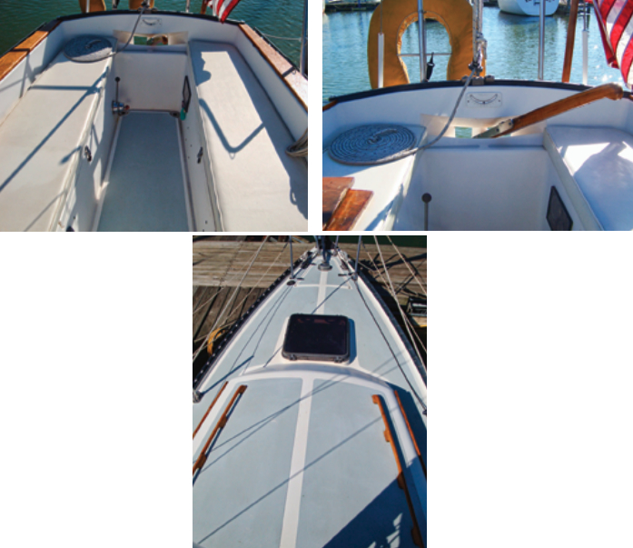 At nearly 7 feet long, the cockpit in the Aloha 8.5 has lots of room for boat handling and relaxing, at left. The tiller passes through the transom, at right, allowing the mainsheet to be attached to a traveler running across the top of the cockpit coaming. The forward hatch is on the foredeck, below, leaving the cabintop clear of obstructions forward of the mast.