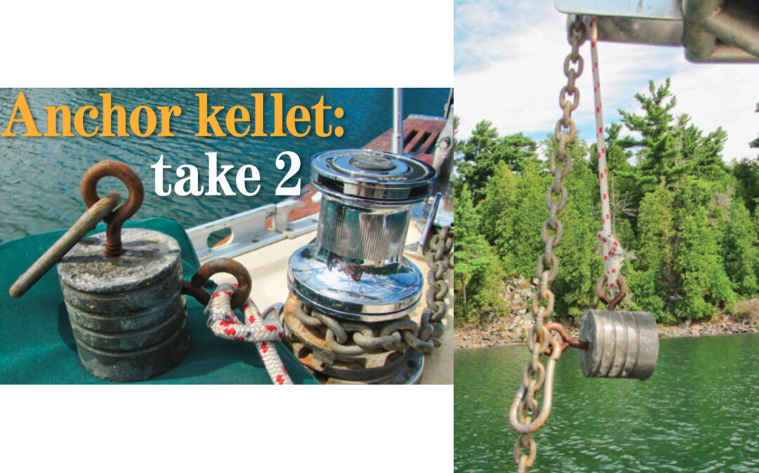 Fred took a bag of birdshot and a coffee can to his friendly neighborhood foundry and came home with his kellet, facing page. The kellet’s retrieval line is attached to the eyebolt on the side, at right, and a large carabiner clips into the top eyebolt. The carabiner slides easily up and down a chain rode but needs some coaxing on a taut rope rode.