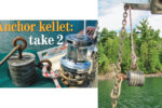 Fred took a bag of birdshot and a coffee can to his friendly neighborhood foundry and came home with his kellet, facing page. The kellet’s retrieval line is attached to the eyebolt on the side, at right, and a large carabiner clips into the top eyebolt. The carabiner slides easily up and down a chain rode but needs some coaxing on a taut rope rode.