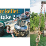Fred took a bag of birdshot and a coffee can to his friendly neighborhood foundry and came home with his kellet, facing page. The kellet’s retrieval line is attached to the eyebolt on the side, at right, and a large carabiner clips into the top eyebolt. The carabiner slides easily up and down a chain rode but needs some coaxing on a taut rope rode.