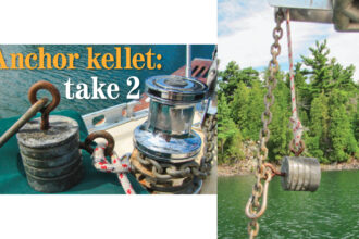 Fred took a bag of birdshot and a coffee can to his friendly neighborhood foundry and came home with his kellet, facing page. The kellet’s retrieval line is attached to the eyebolt on the side, at right, and a large carabiner clips into the top eyebolt. The carabiner slides easily up and down a chain rode but needs some coaxing on a taut rope rode.