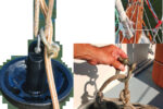 David uses an inexpensive plastic-coated mushroom anchor as a kellet, this page, and attaches it to his anchor rode (gold and white braid) with a large shackle, bottom of facing page. The kellet’s control line passes over the same roller as the rode, far right on facing page.