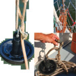 David uses an inexpensive plastic-coated mushroom anchor as a kellet, this page, and attaches it to his anchor rode (gold and white braid) with a large shackle, bottom of facing page. The kellet’s control line passes over the same roller as the rode, far right on facing page.