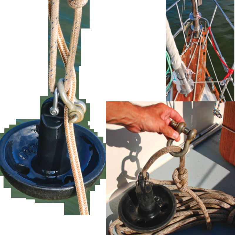 David uses an inexpensive plastic-coated mushroom anchor as a kellet, this page, and attaches it to his anchor rode (gold and white braid) with a large shackle, bottom of facing page. The kellet’s control line passes over the same roller as the rode, far right on facing page.