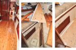 Bamboo flooring made for homes might not have a traditional “yachty” appearance but it looks great just the same, on facing page. The pattern for the sole in the V-berth cabin was the only piece small enough for Bill to conveniently make at home, at left. After a trial fit, at right, he was ready to cut the bamboo boards.