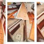 Bamboo flooring made for homes might not have a traditional “yachty” appearance but it looks great just the same, on facing page. The pattern for the sole in the V-berth cabin was the only piece small enough for Bill to conveniently make at home, at left. After a trial fit, at right, he was ready to cut the bamboo boards.